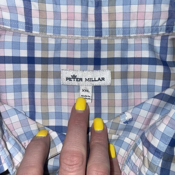 Peter Millar Shirt Mens 2XL Blue Pink Plaid Button Down Long Sleeve Performance - Picture 4 of 5